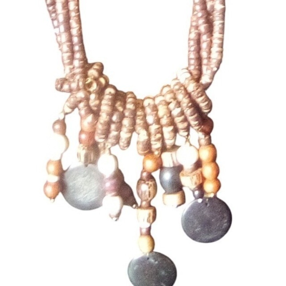 Boho Chic Beaded Necklace & Brooch Set, Wooden, Tribal, Earth Tones - Picture 6 of 6